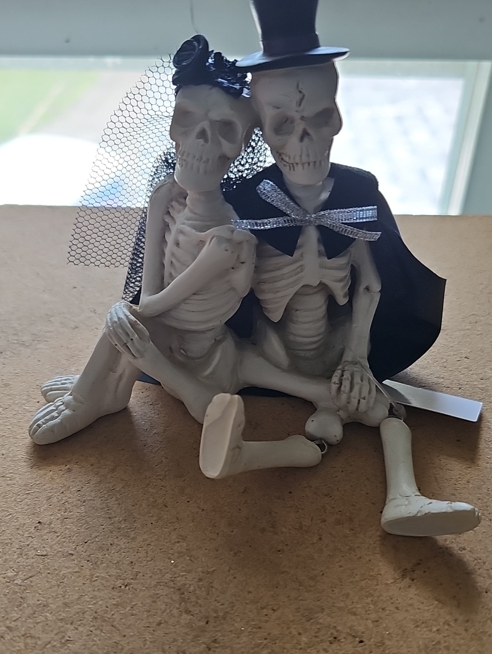 Skeleton Bride And Groom with Black Veil and Cape Cake Topper Shelf Sitter